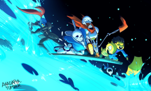 A team of Undertale monsters surf across water. One is a panicked, screaming skeleton, while a larger skeleton, a monster boy, and the human main character have fun. A mermaid monster is at the back controlling the craft.