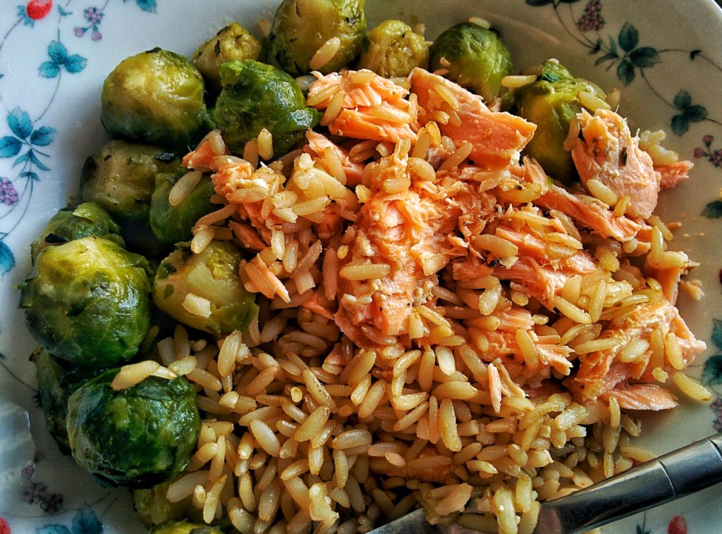 Christmas leftovers! Salmon, brussel sprouts and brown rice.