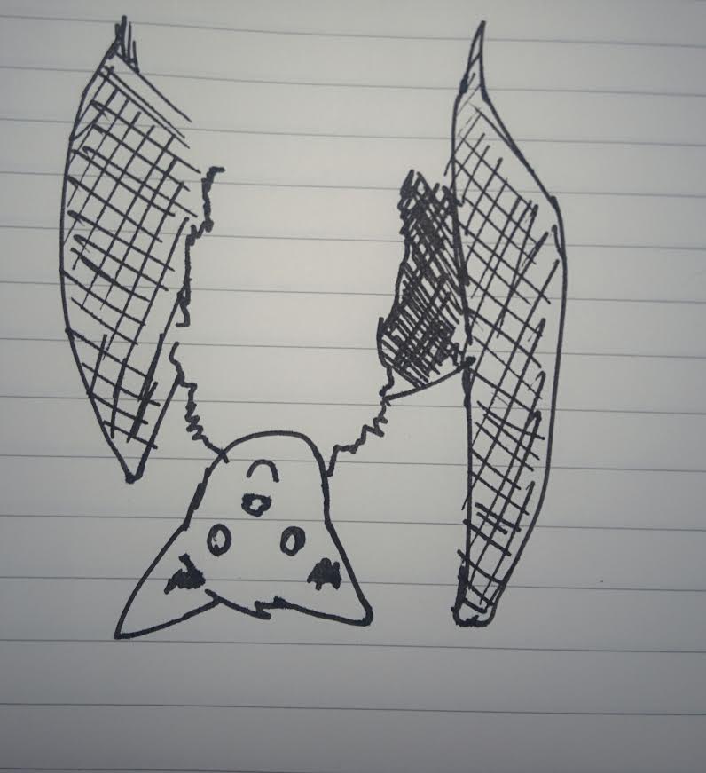 A scrappy pen sketch of an upside-down, smiling bat