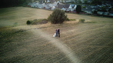 An aerial picture of a couple and a labrador. It's us, from above!