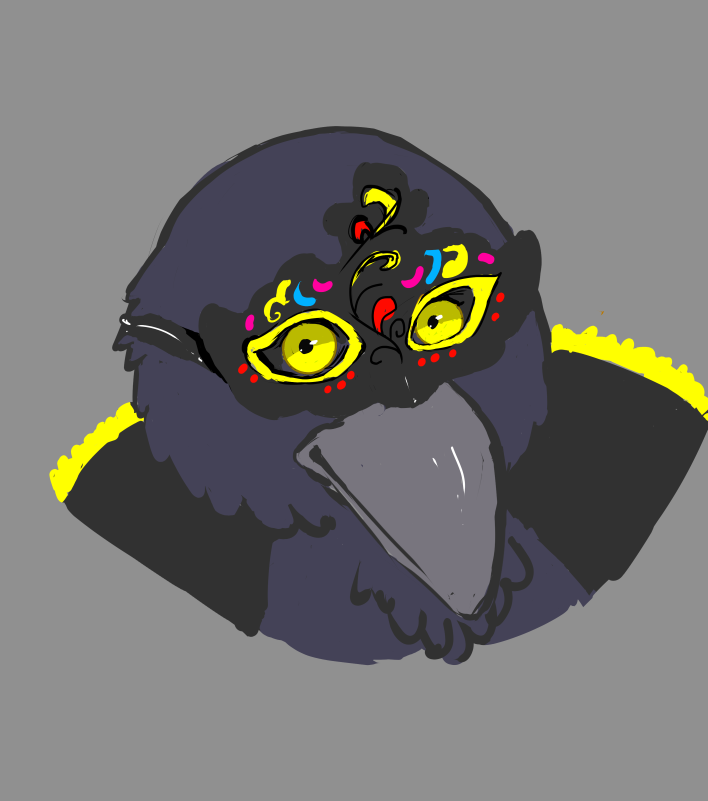 A bird character with a Venetian mask